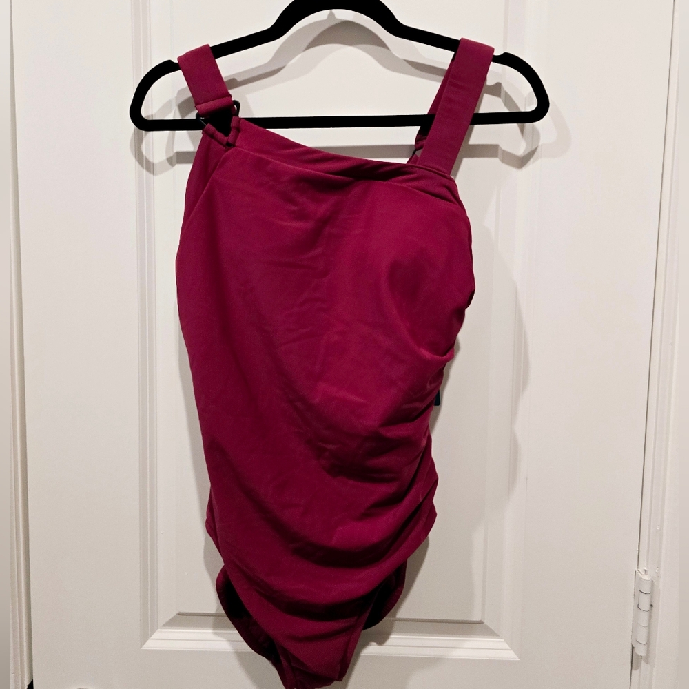 Aqua Green Womens Asymmetrical One Piece Swimsuit Burgundy Size Large 12 / 14